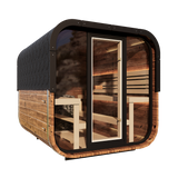 Side view of the Grand Governor Front Glass sauna, featuring a modern cube design and durable thermally-modified pine exterior