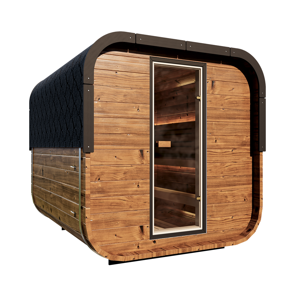 Side view of the Grand Governor 5-person sauna, showcasing its spacious cube design and durable thermally-modified pine exterior