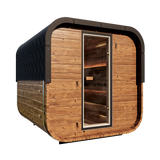 Side view of the Grand Governor 5-person sauna, showcasing its spacious cube design and durable thermally-modified pine exterior